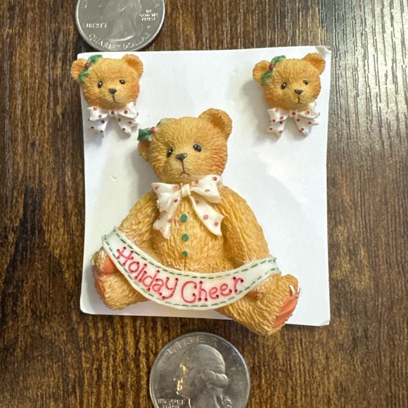 Vintage Brown Bear Brooch Pin with Matching Earrings Set Holiday Cheer Christmas - Picture 2 of 4